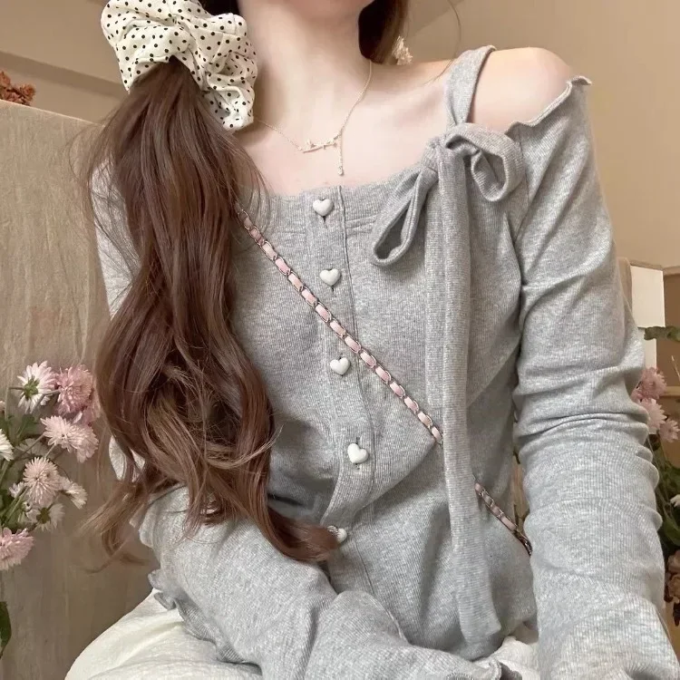 2024 New  Fashion Sweet Off Shoulder Bow Lace Up Sweaters Slim Fit Tops Women Y2k Grunge Long Sleeve Cardigan Mujer