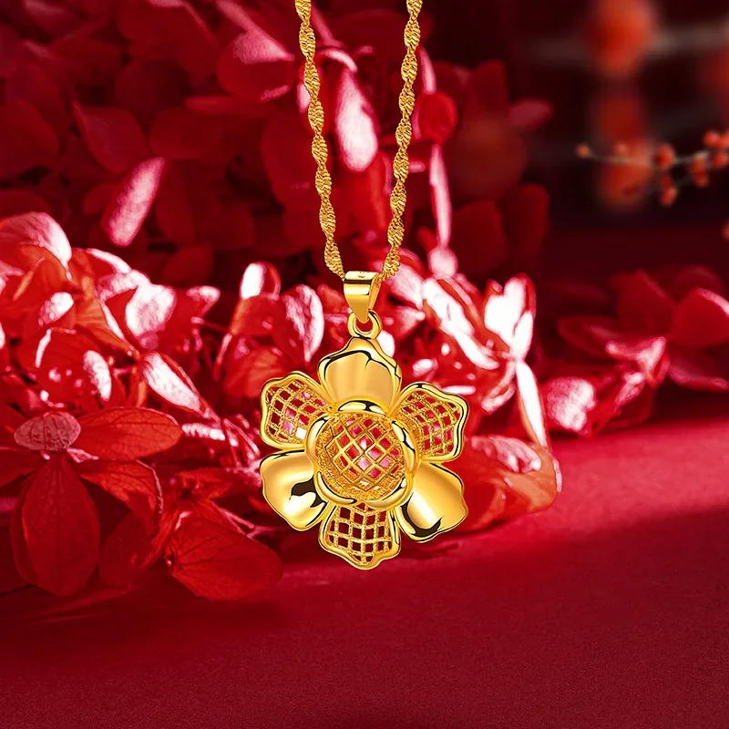 9999 Real Gold 24K Ethnic Style Big Flower Necklace 24k Gold Temperament Flower Pendant for Mother Gift