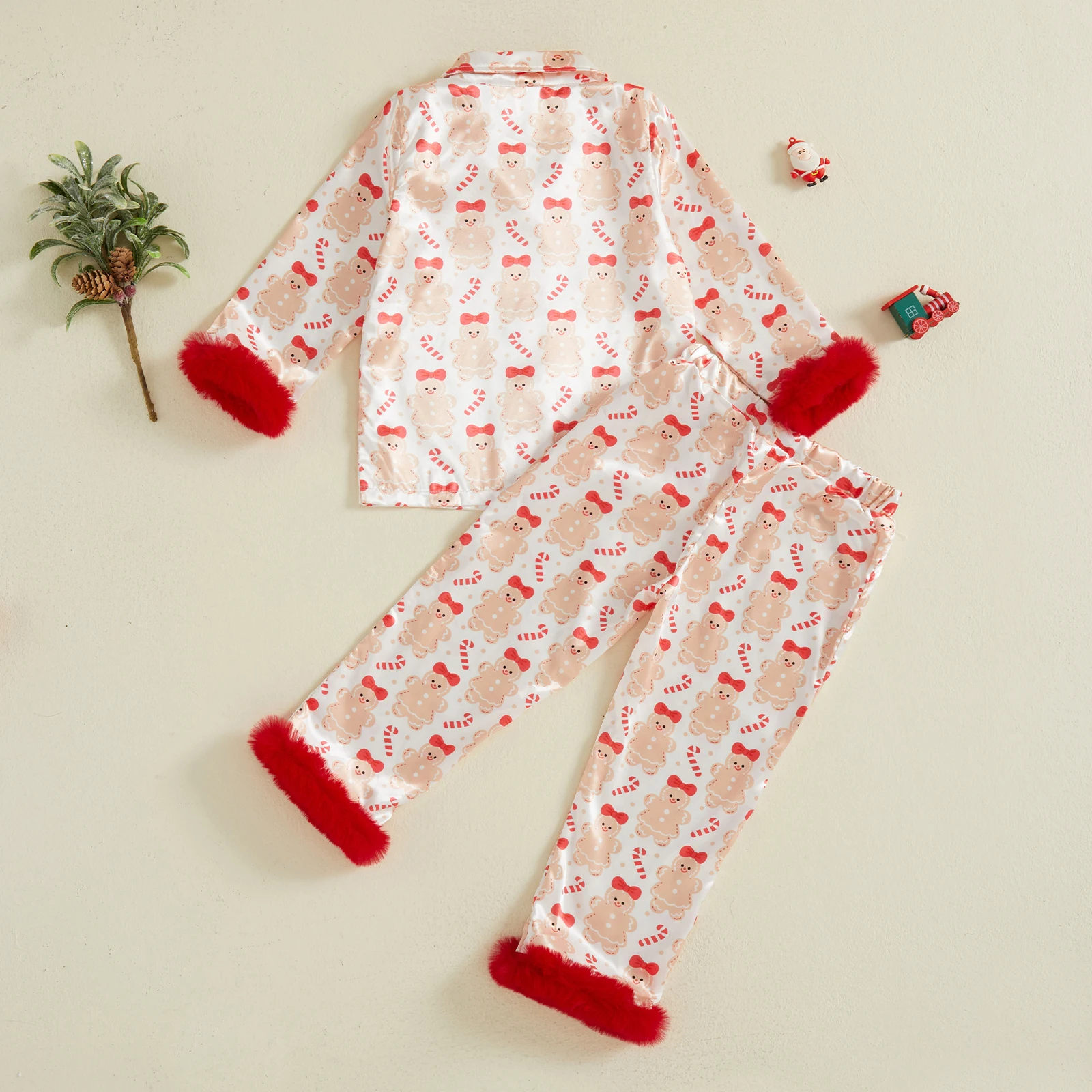 

Infant Girls 2Pcs Christmas Pajamas Set Long Sleeve Gingerbread Man/Tree Print Button Shirt + Pants Set Toddler Satin Loungewear