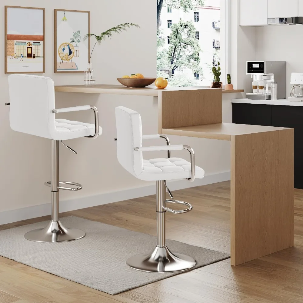 Bar Stools with Armrest Modern PU Leather Swivel Adjustable Hydraulic Bar Stool X-Large Base and Seat Square