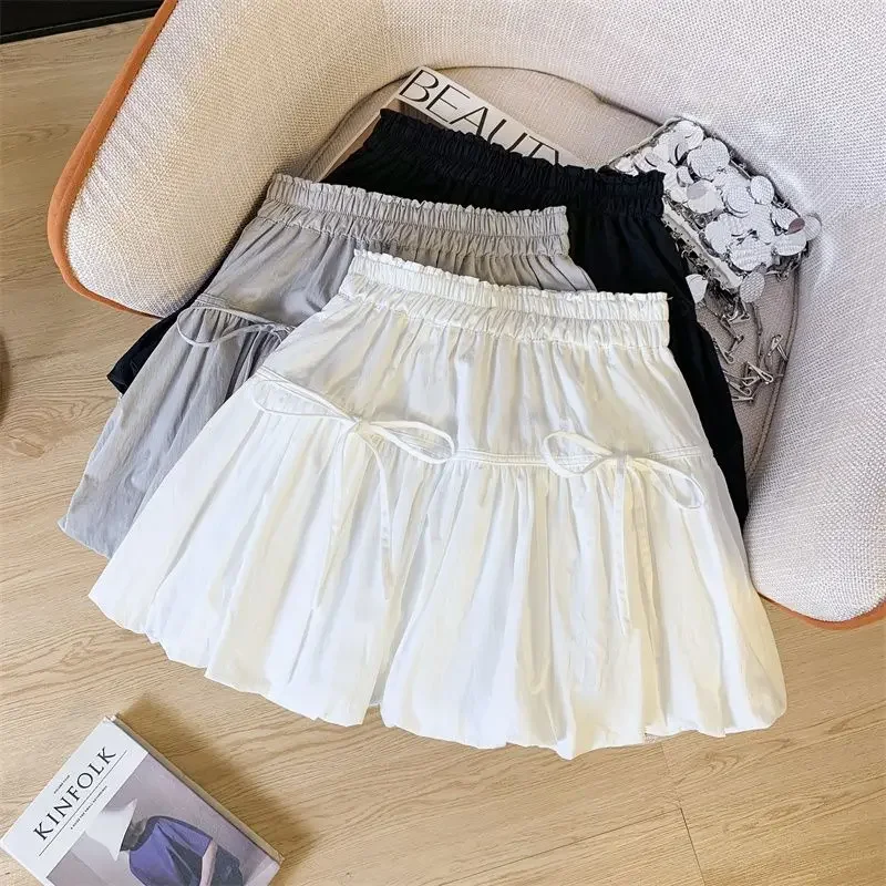 

Ballet Style Bowknot A Line Skirt Women Korean Chic Elastic Waist Mini Skirts Woman 2025 Summer Pleated Puffy Short Shirt Female