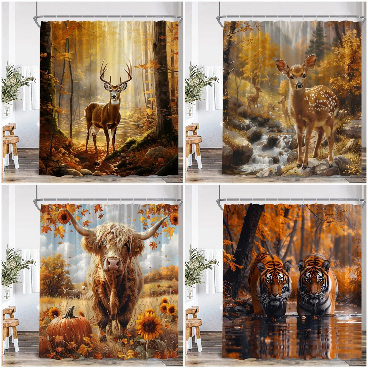 Autumn Forest Shower Curtain Deer Highland Cow Tiger Wild Animal Nature Fall Landscape Bathtub Decoration Polyester Bath Curtain