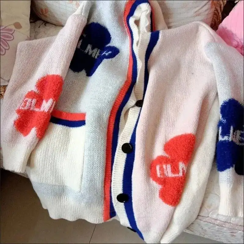 الأزرق الاكريليك متماسكة الخامس الرقبة رسالة زهرة عارضة المرأة سترة واحدة الصدر سترة للنساء الملابس الشتاء سميكة #6