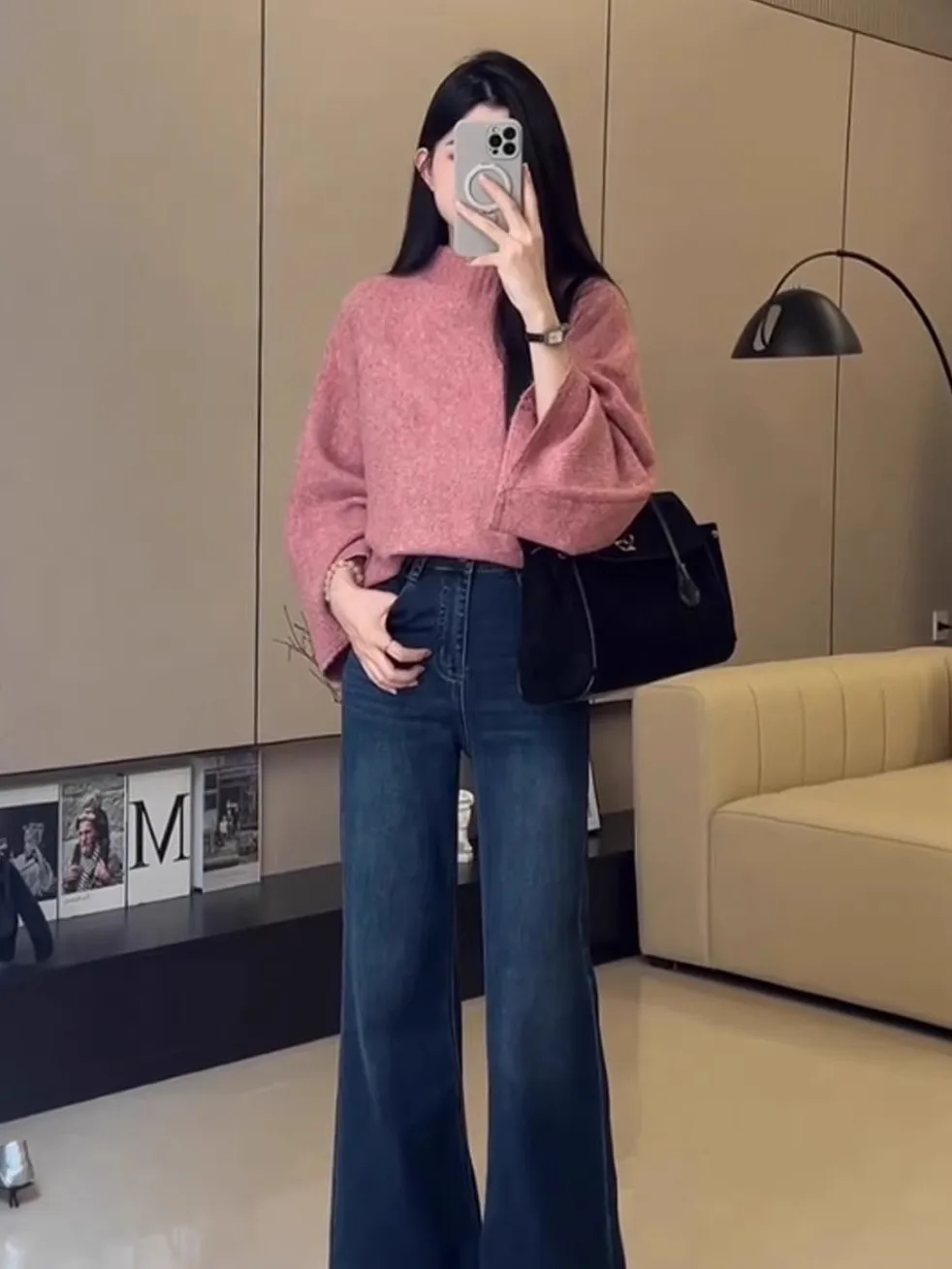 ピンクのゆったりとしたハイネックニットウェア、秋冬用、バットウィングスリーブ、カジュアルなロングスリーブトップ、女性用、ゆったりとした小さめサイズ