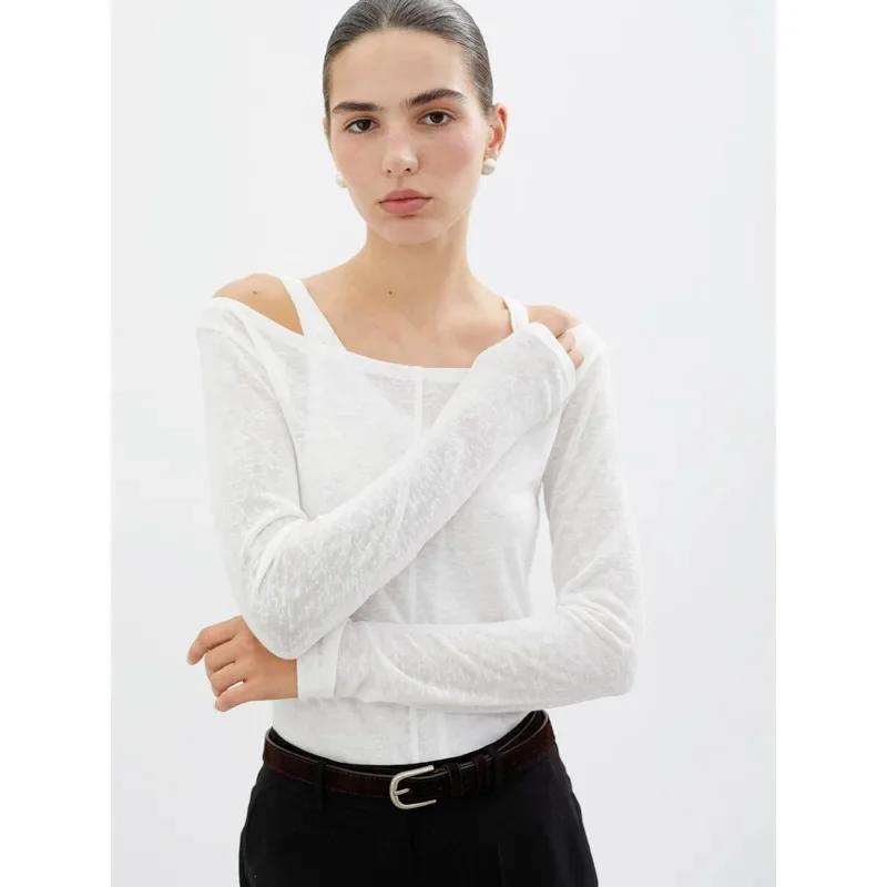 Off-Shoulder White Long-Sleeve T-Shirt Vest 2 Piece Set Spring Summer Comfortable Slim-Fit Semi-Sheer T-Shirt Fashion Women Top
