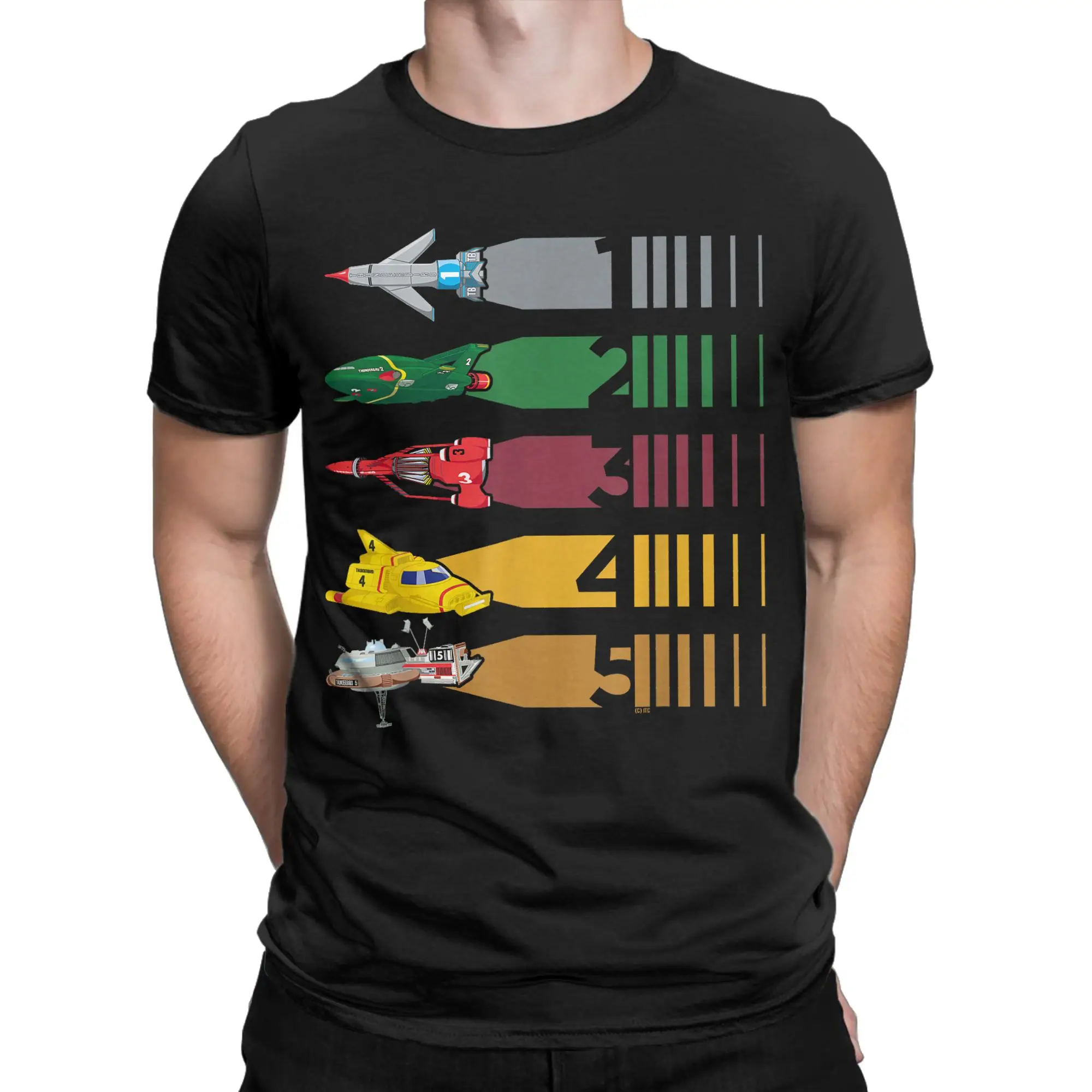 Thunderbirds 1-5 Vehicle Colour Stripes T-Shirts Men Vintage 100% Cotton Tee Shirt Short Sleeve T Shirts New Arrival Clothing