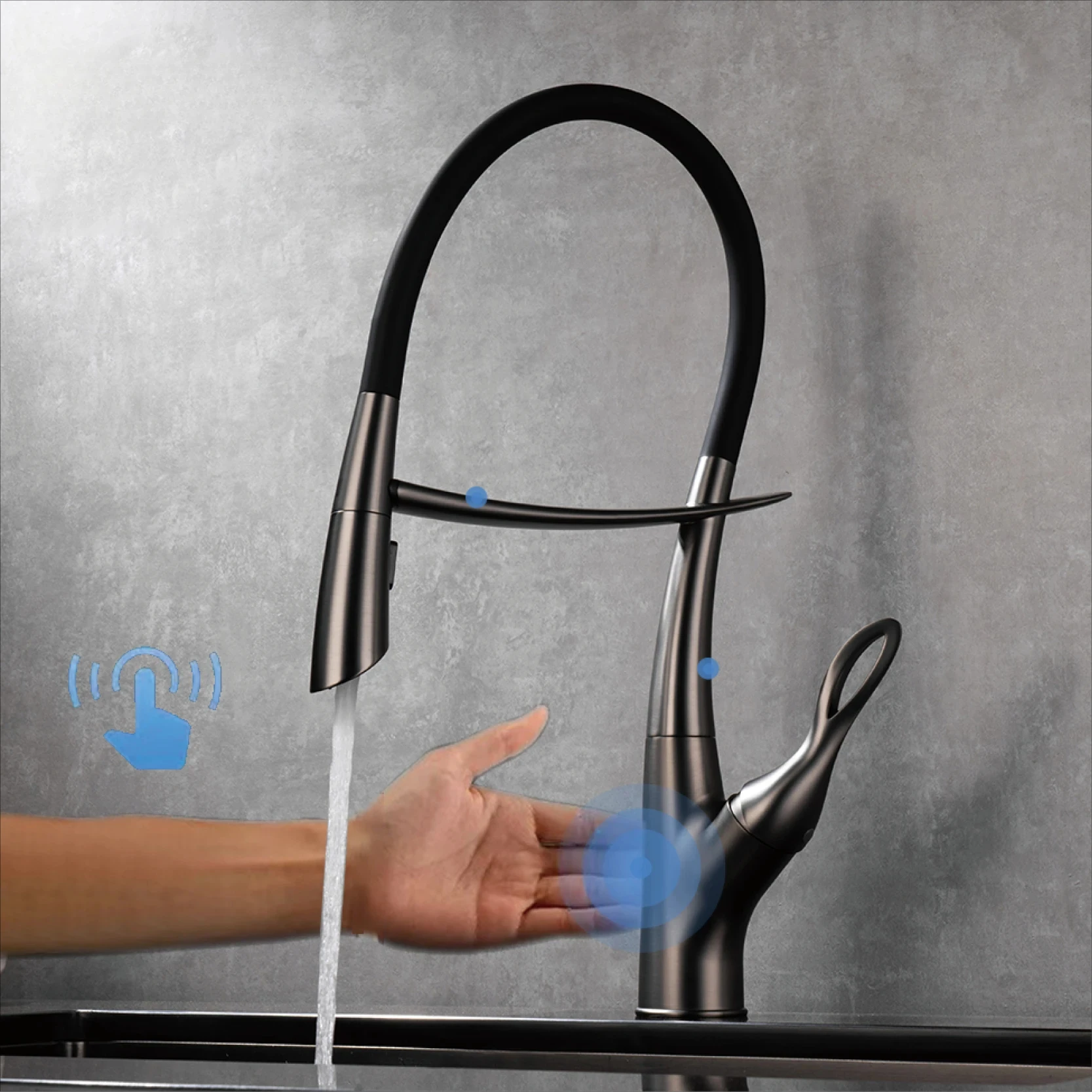 Luxury gun gray brass kitchen faucet with intelligent touch design Single handle hot and cold water magnetic suction sink faucet