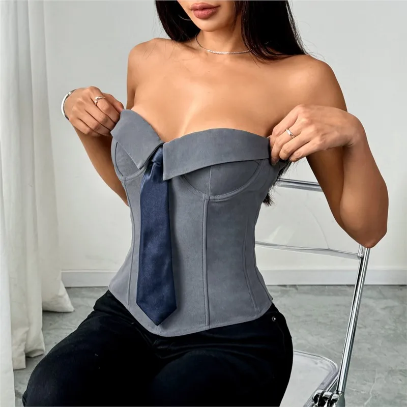 

Sexy Sleeveless Tie Style Strapless Off-shoulder Vest Summer Backless Contrast Tank Tops Commuting High Street Leisure Outfits