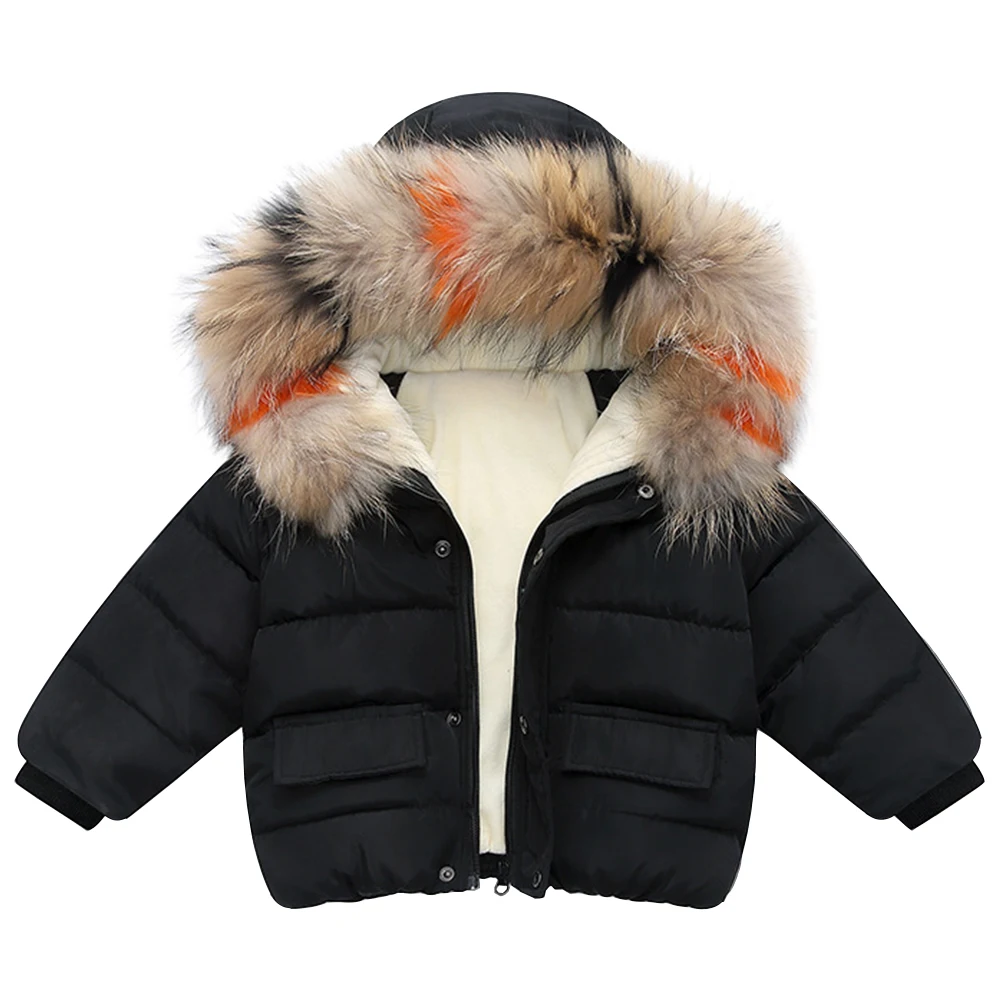 Chaqueta de algodón para bebé, traje de nieve de felpa con capucha de piel sintética para niñas y niños, abrigo acolchado cálido de lana gruesa, prendas de vestir de invierno para niños