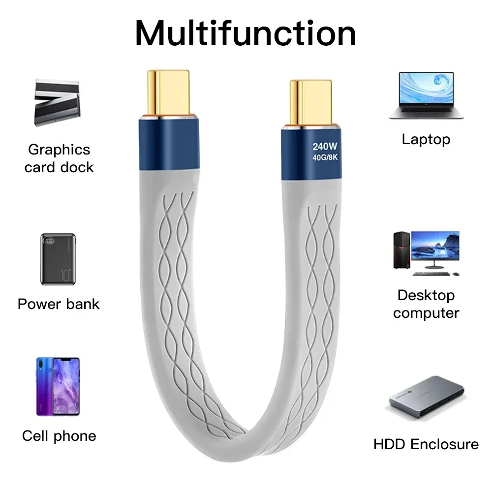 Cabo USB C para USB C, Carregamento Rápido Tipo-C, Transferência de Dados, 8K, Flexível, Plano, Carga de Dados, Extensão, 240W, 40G, 40Gbps, 0.4FT