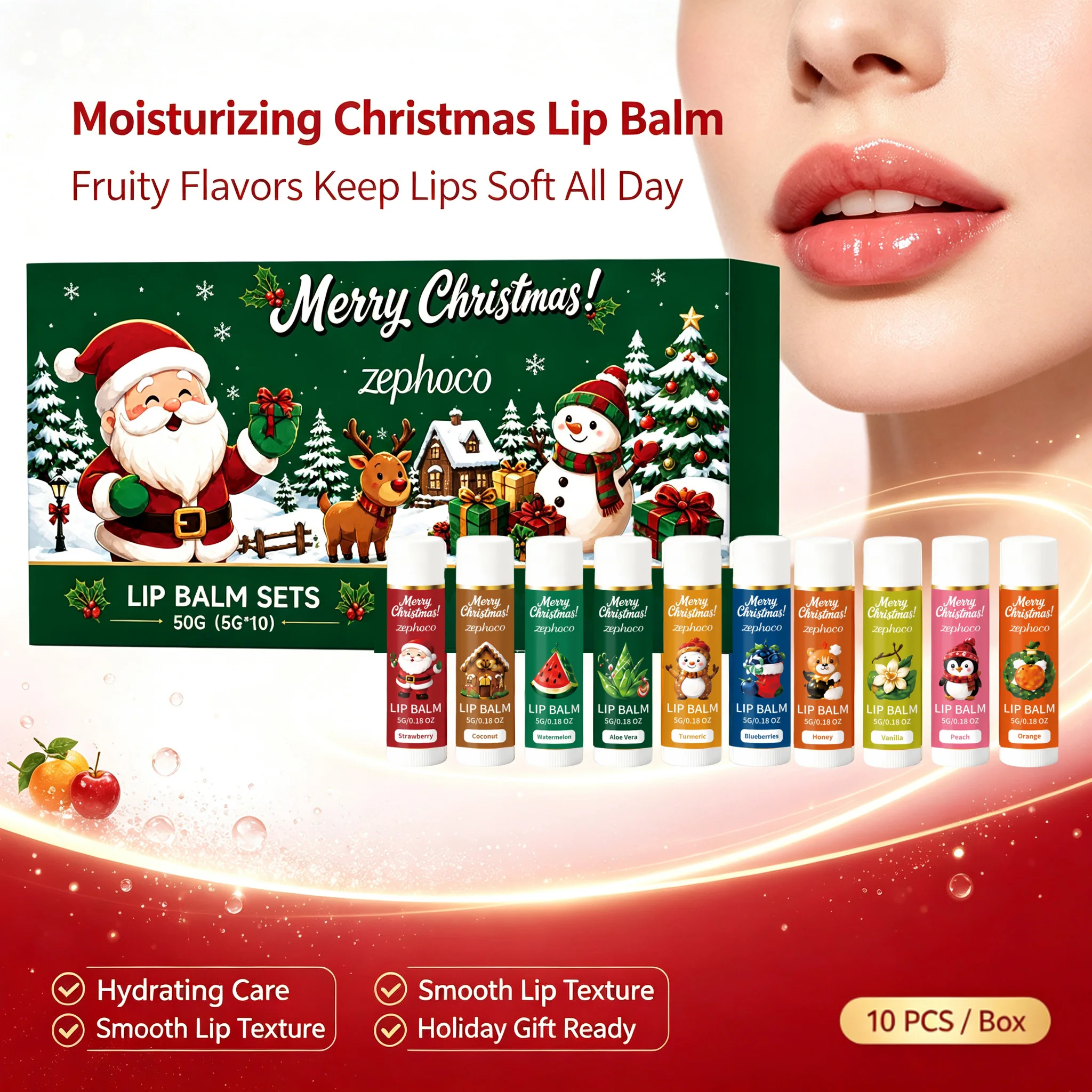 Christmas Lip Balm Set 10pcs Moisturizing Multi-Flavor Nourishing Winter Lip Care for Dry Cracked Lips Portable Lip Balms