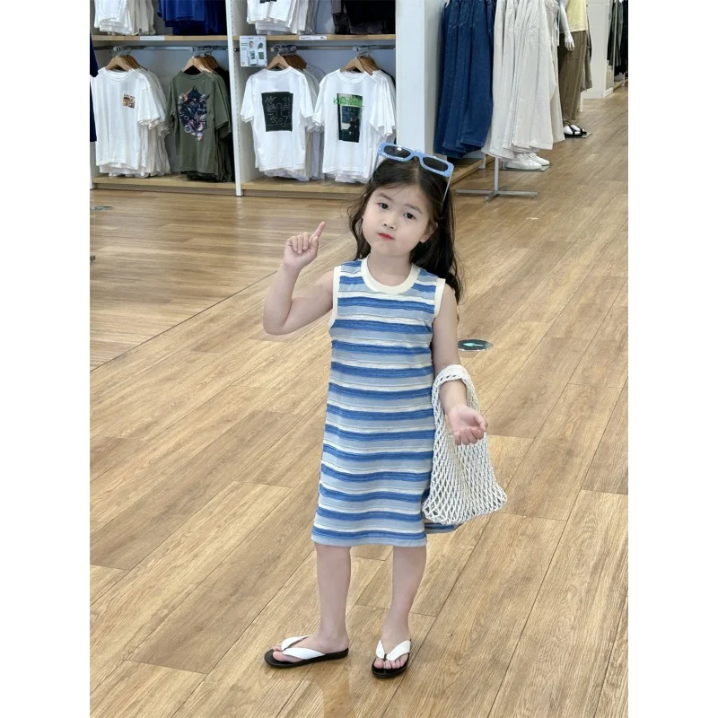 Children's Dress2024Summer New Children's Clothing Girls' Sleeveless Striped Knitted Dress Children Skirt