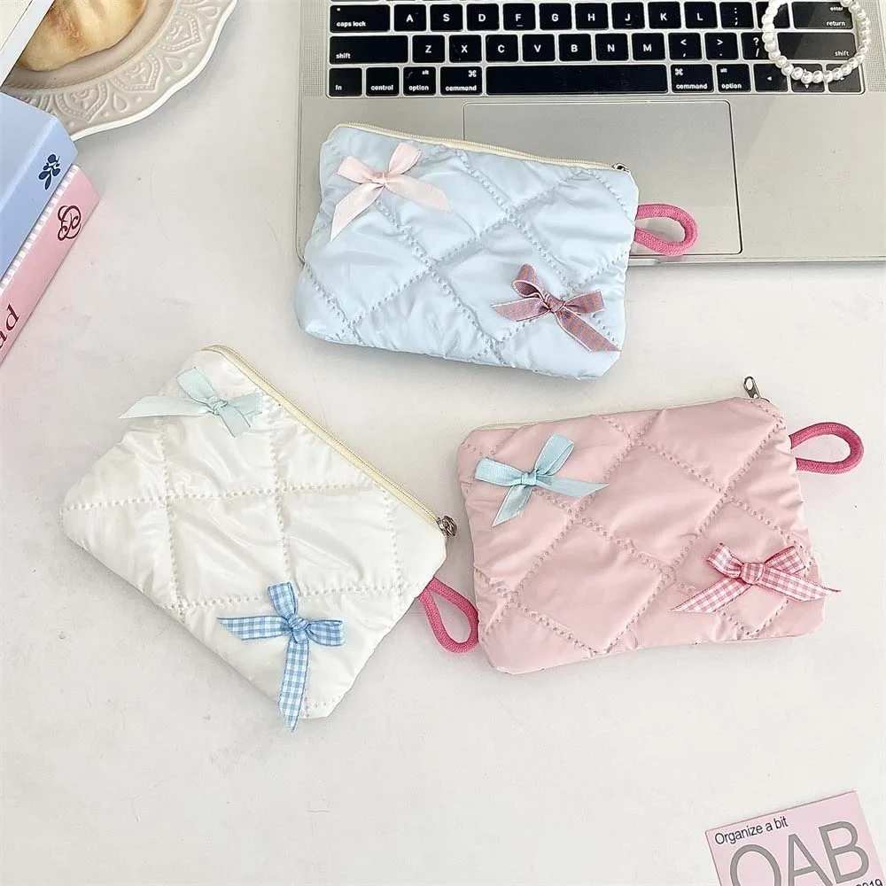 2pcs/set Single Layer Mini Tampon Storage Bag Sewn Soft Bow Cotton Storage Wallet Plaid Candy Color Pouch for Make Up Kit Work