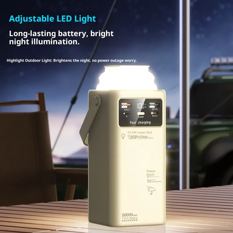 باور بانك بإضاءة خارجية بقدرة 50000 مللي أمبير في الساعة مع كابل مدمج للشحن السريع بقوة 22.5 وات وشاحن محمول طويل العمر