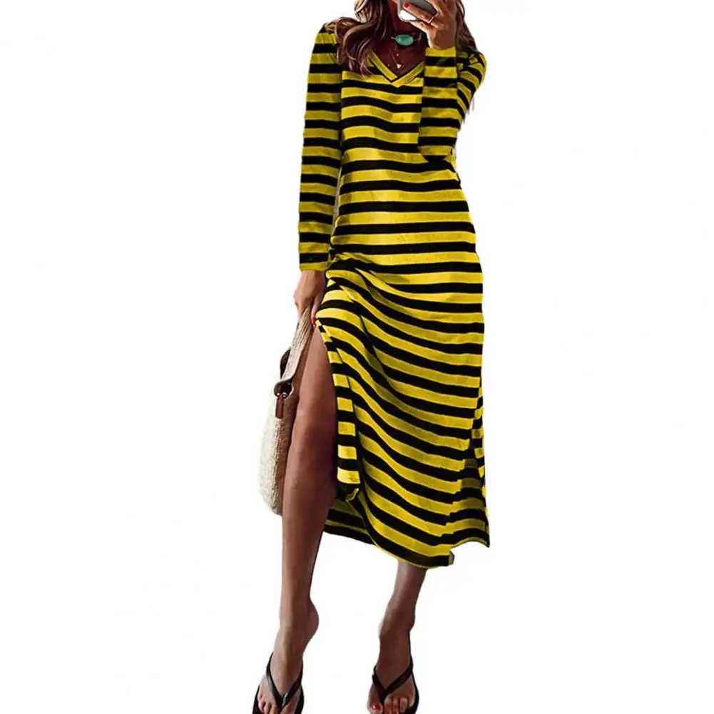 Dress Striped Color Matching Loose Split Hem V Neck Mid-calf Length Soft Long Sleeve Pullover Midi Dress Streetwear Vestidos