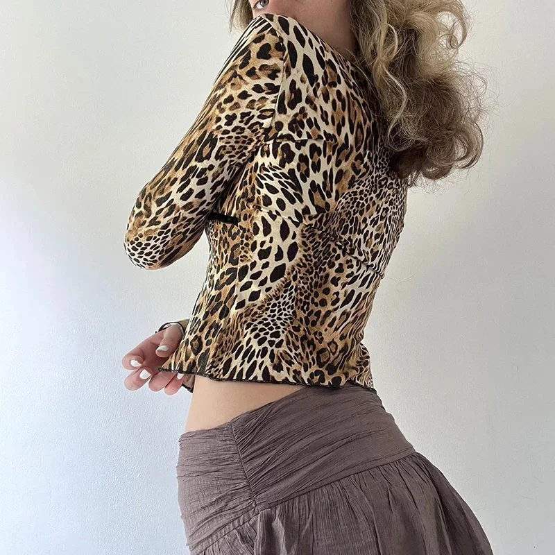 Женские сексуальные кардиганы с леопардовым принтом и длинными рукавами, кружевные лоскутные рубашки с v-образным вырезом, винтажные коричневые облегающие топы, уличные футболки
