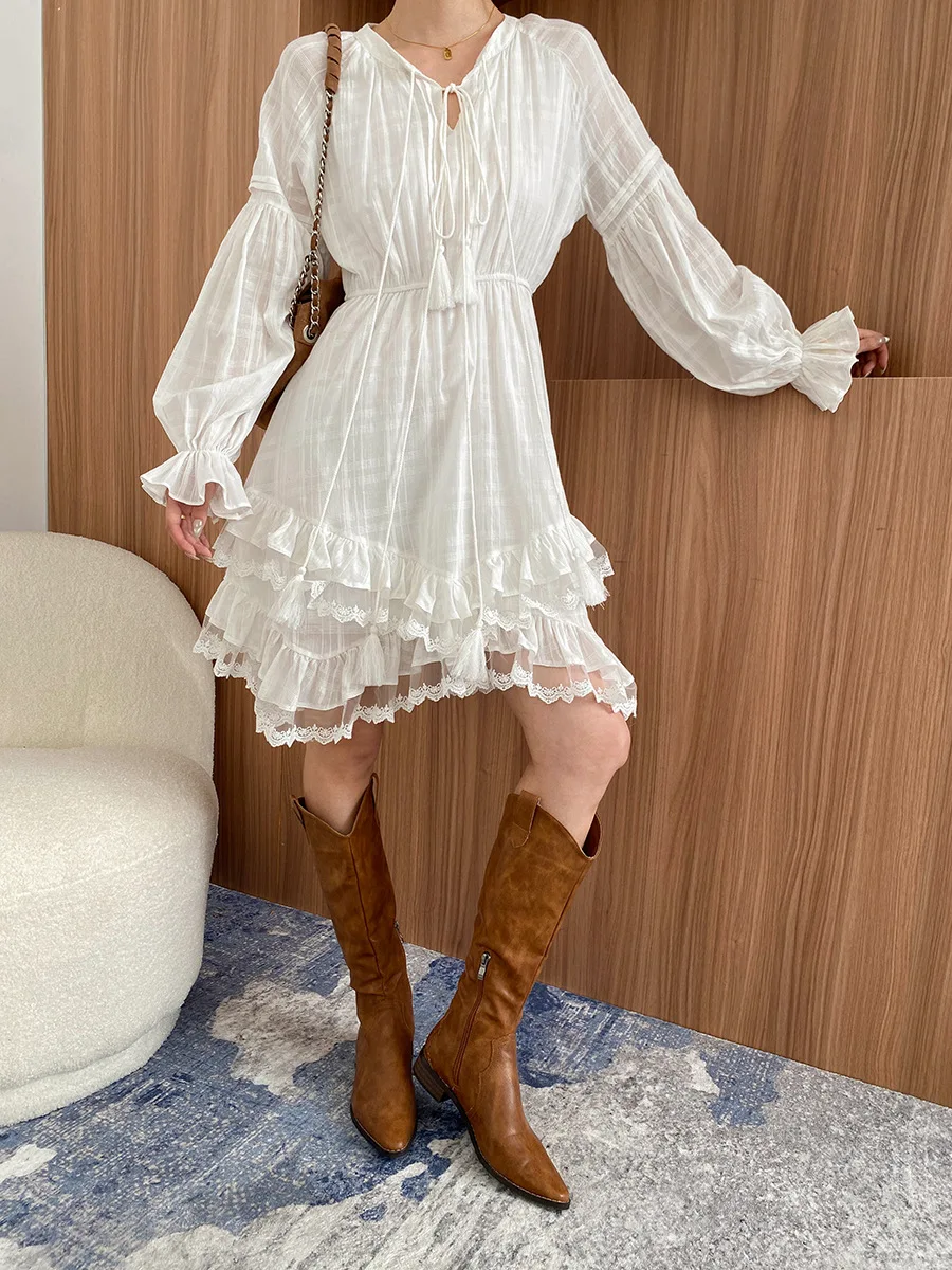 Francês vintage branco solto mini vestido feminino primavera outono férias cinto gravata irregular manga longa em camadas casual senhoras vestido novo