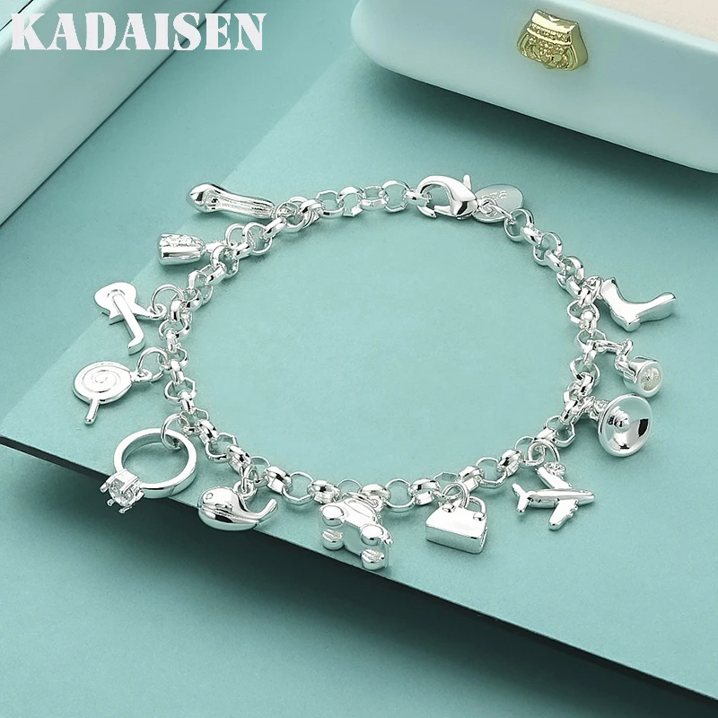 925 Sterling Silver Airplane Bell Car Fish Guitar Shoe Lock Ring Lollipop Chain Bracelet For Women Fashion Jewelry