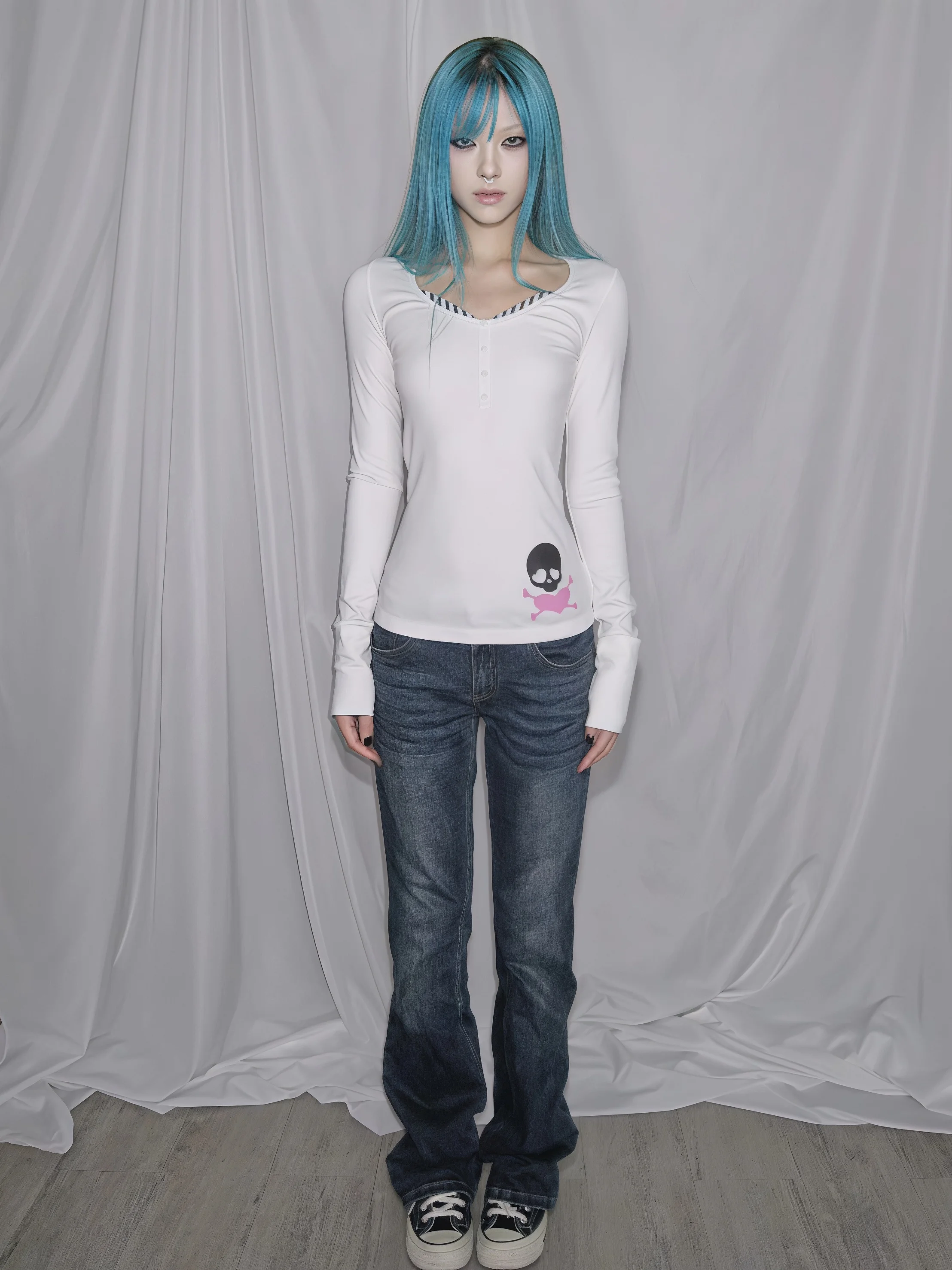 Damen Y2K Langarm-Oberteil, schmal geschnitten, gestreifter Kragen, Totenkopf-Herz-Print, Emo-Punk, enganliegende Bluse, T-Shirt – Detail 3