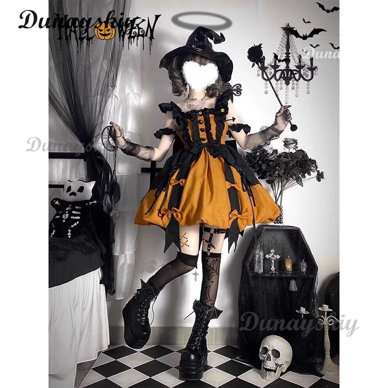 

New Pumpkin color witch lolita cosplay Cute dark Sweet little devil Women Halloween Party daily jsk Dress