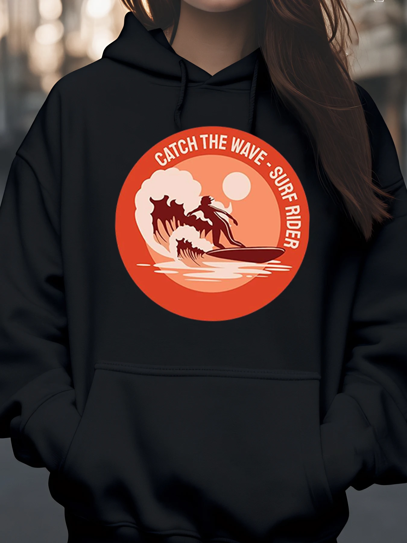 Felpa con cappuccio con stampa Catch the Wave Surf Rider per gli appassionati di spiaggia e surf Abbigliamento casual unisex