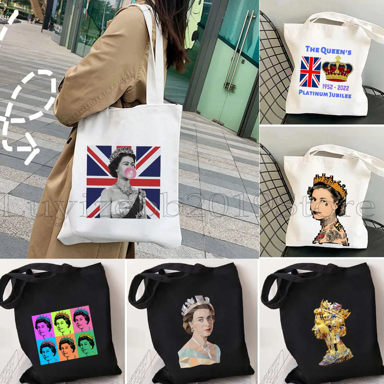 Queen Elizabeth II Portrait Gifts Canvas Shoulder Reusable Tote Bag England Flag British Harajuku Women Shopper Shopping Handbag