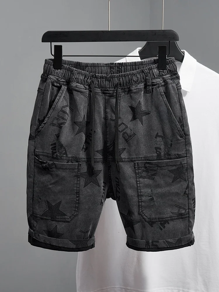 

Summer Men's Denim Shorts Thin Casual Elastic Waist Five-Point Pants Versatile Workwear Loose Fit Straight Leg Jeans