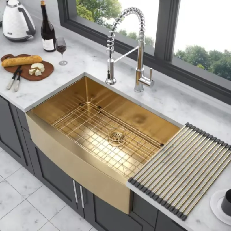 

ATVModern Gold Kitchen Sink Set Single Bowl With Drain Board 36x21 Inch, Apron Front Modern 304 Stainless Steel Farmhouse