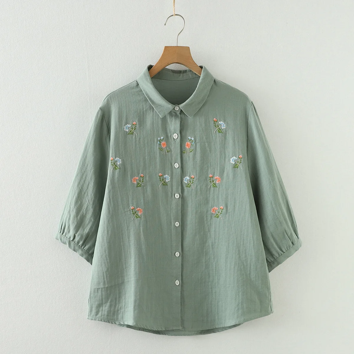 New Summer Cotton Yarn 3/4 Sleeve Shirts Lapel Embroidery Tops Commute Girl Casual Sweet Loose OL Blouse 2024 Autumn T465102QC