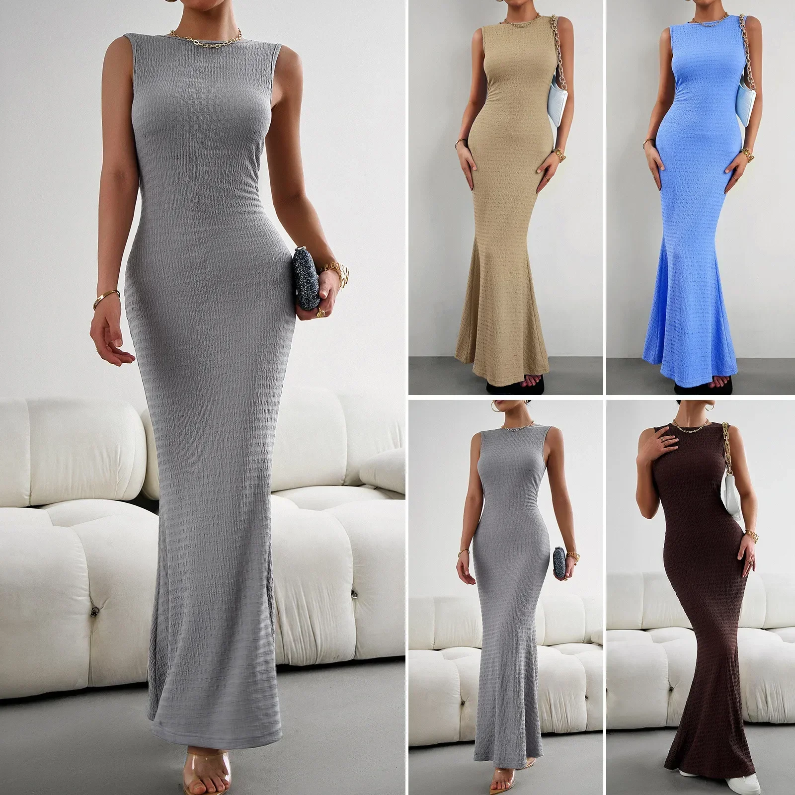 

LIBIELIY New Style Summer Women's Sleeveless Dress Solid Color High Elasticity Slim Fit Dress For Women Spice Girl Bag Hip Maxi