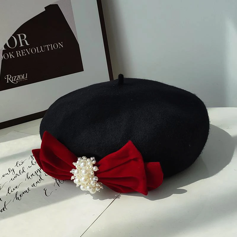 Women Autumn Winter Black Wool Painter Cap Big Velvet Bow Elegant Peals Fashion Sweet Artist Beret Hat