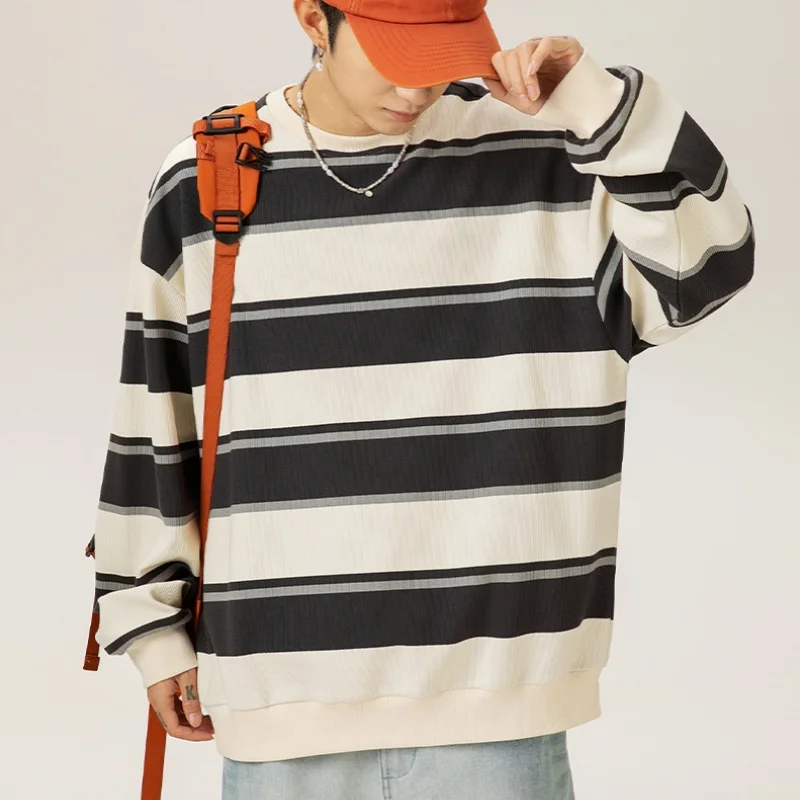 

Retro Stripes Clashing Colour Splicing Round Collar Sweatshirt Men Autumn Loose Couple Pullover Bottom Shirt Men and Women Soft