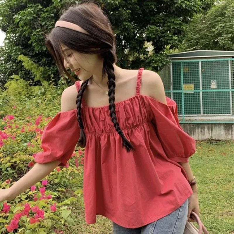 

Блузки женские, нежные, простые, повседневные, милые, женские, популярные, летние, в корейском стиле, с разрезом на шее, универсальная свободная уличная одежда, уменьшающая возраст