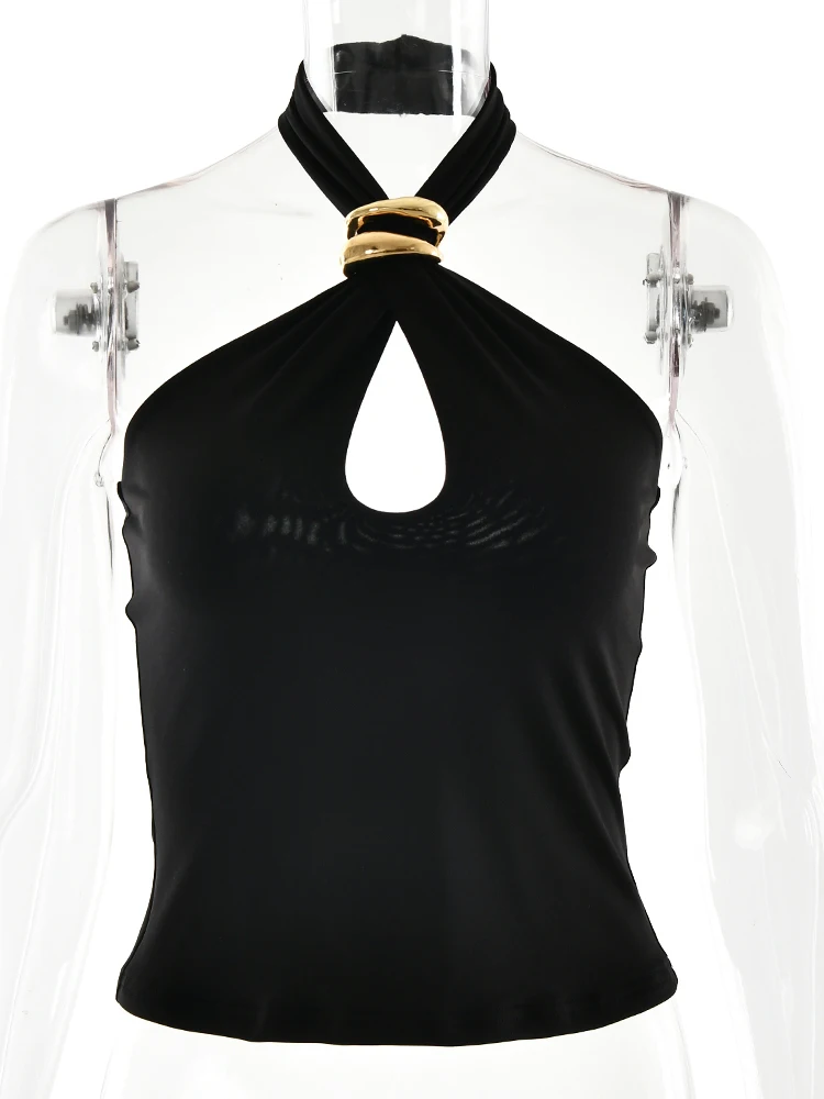 Fantoye Sexy Backless Metal Ring Halter Women Top Black Hollow Out Off Shoulder Crop Vest Female Summer Slim Elegant Streetwear image 6