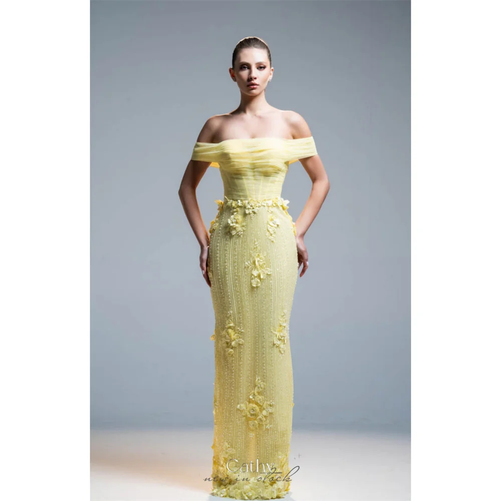 

Cathy Customized Yellow Off Shoulder Appliques Prom Dress Sheath Sleeveless vestidos de noiva Beaded Floor-Length Formal Evening