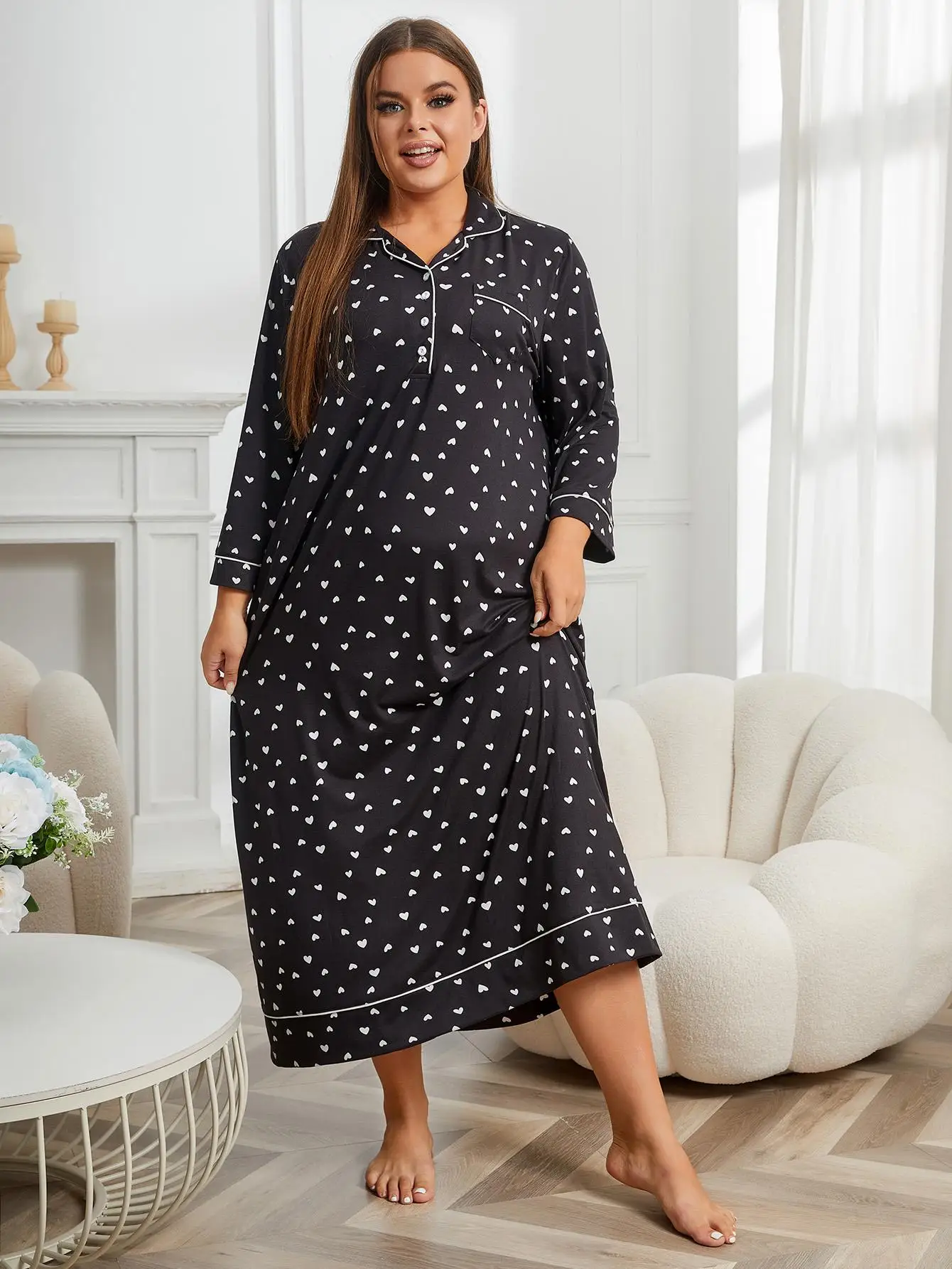 Plus Size Women Nightgown Notched Collar Female Sleepwear Dress Long Sleeve Fall Nightwear Front Button Homwear Clothing