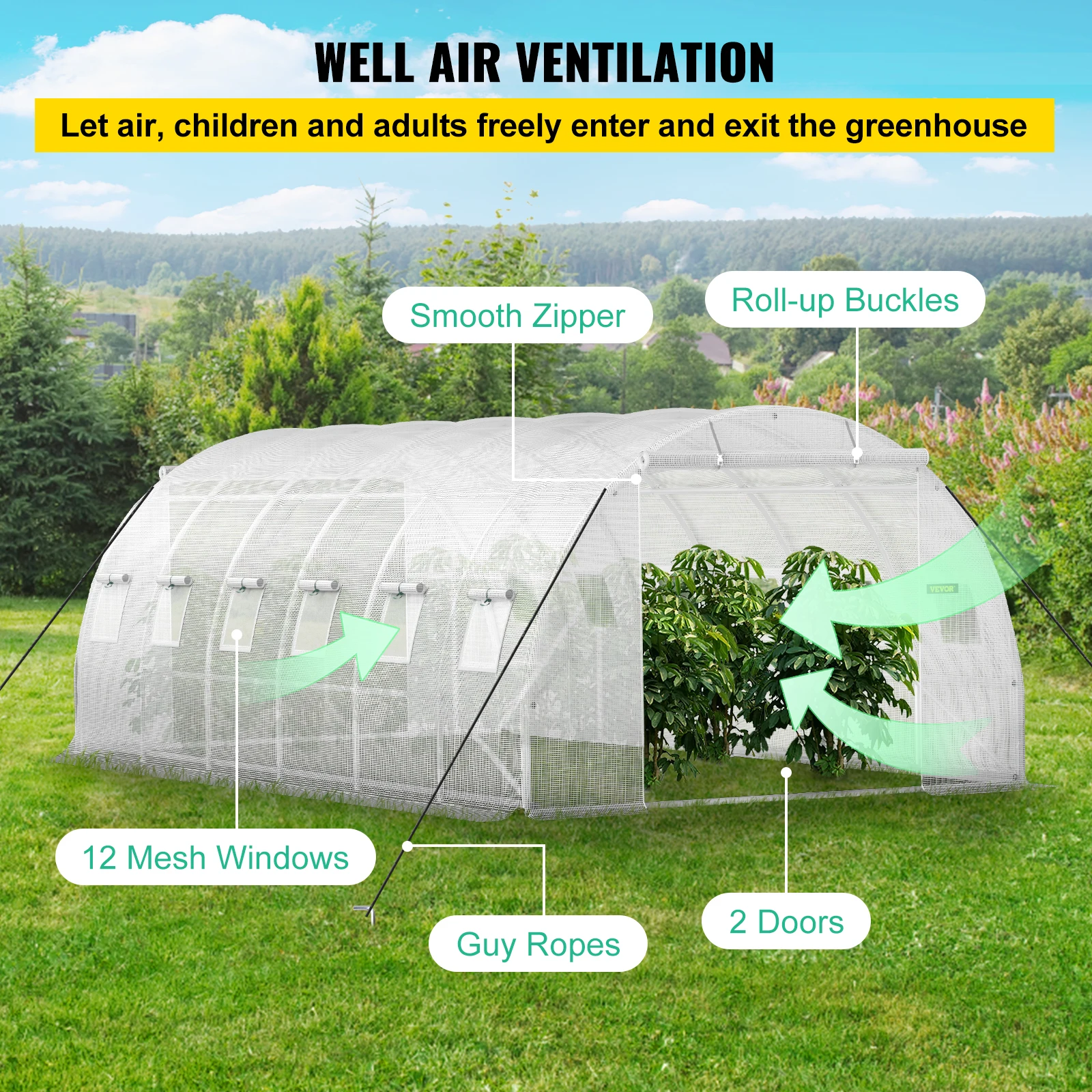 VEVOR 20 x 10 x 7 ft Walk-in Tunnel Greenhouse Portable 3 Top Beams Diagonal Poles 2 Zippered Doors & 12 Roll-up Windows White