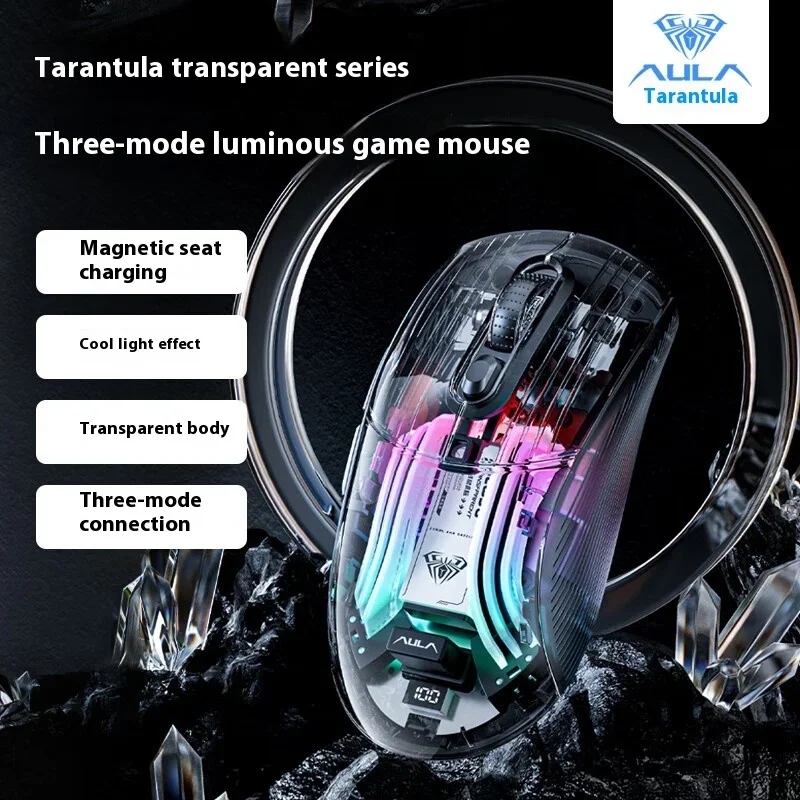 AULA SC630 Wireless mouse transparent RGB with magnetic charging base wired 2.4G Bluetooth three mode Esports gaming mouse