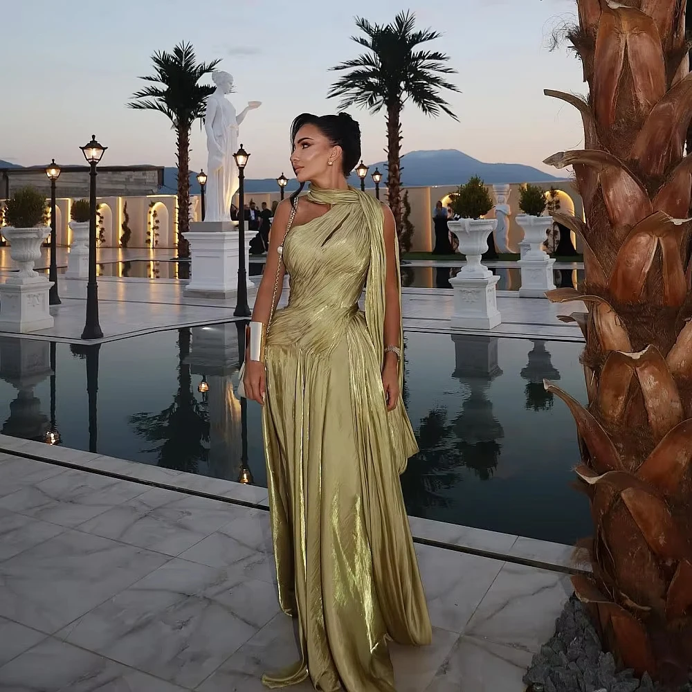 Vestido de noche verde brillante con chal, sirena de un hombro, ocasión Formal, elegante plisado, vestido de fiesta de cumpleaños árabe personalizado