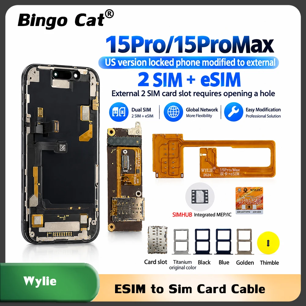 Wylie US Version Locked Unlocking Phone Single To Dual 2 SIM+eSIM Card Slot Flex  for iPhone 15 15Pro Max Built-in MEP Solution