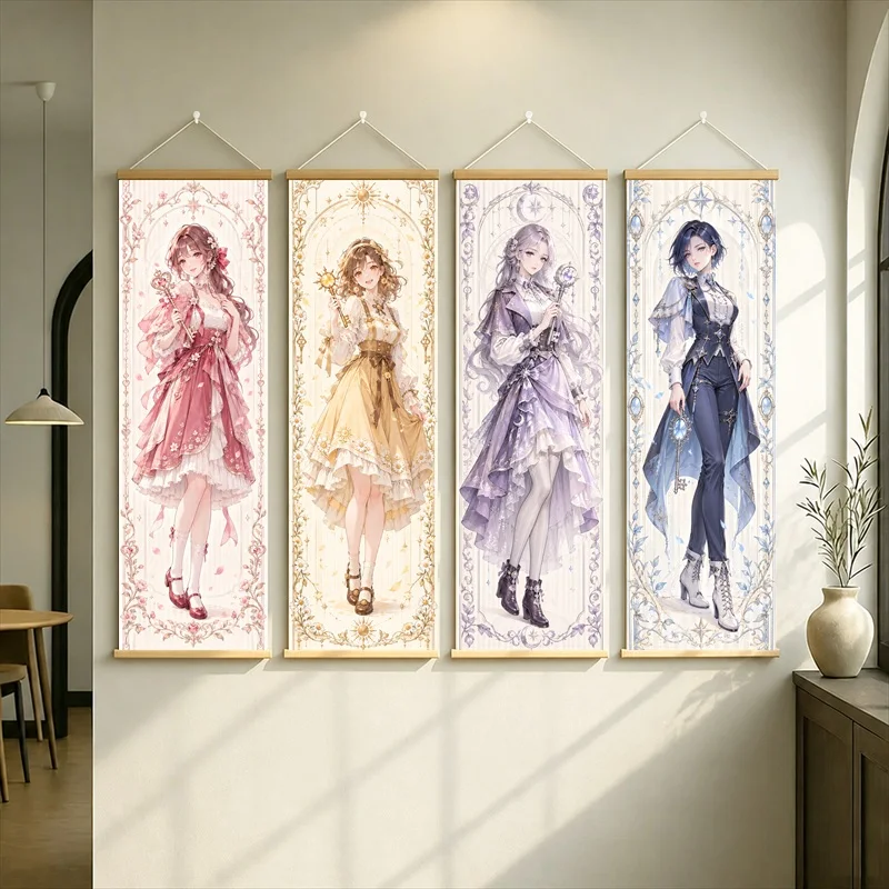 Anime Women in Rose, Gold and Lavender Dresses with a Blue Suit Wall Scroll with Ornate Floral Borders for a Bedroom