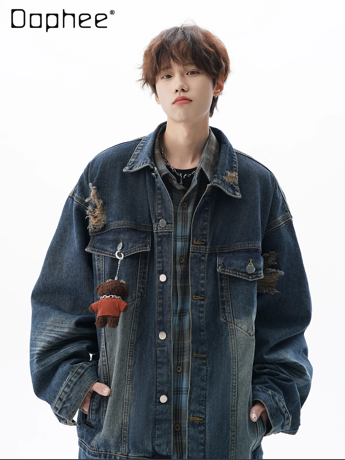 

Spring and Autumn New American Style Men's Blue Denim Jacket Washed Workwear Turn-down Collar Sports Casual Black Top