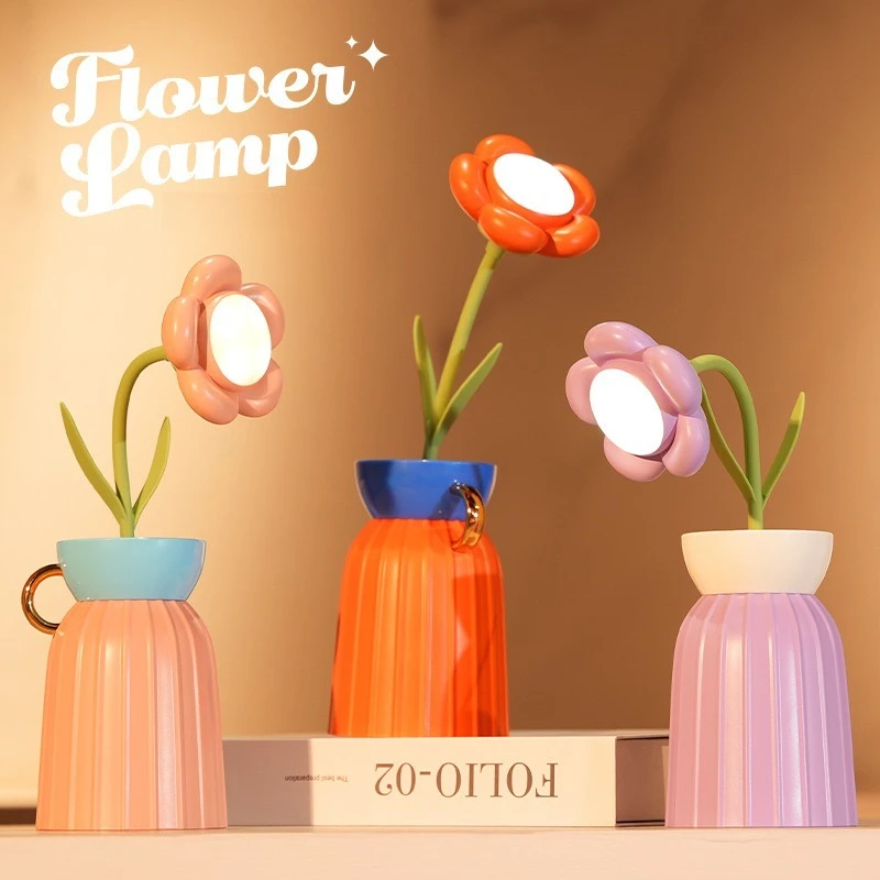 

Цветочная лампа в форме вазы, светодиодная настольная лампа с цветами, 3 режима цвета, бесступенчатое затемнение, перезаряжаемая через USB сенсорное управление, съемное чтение