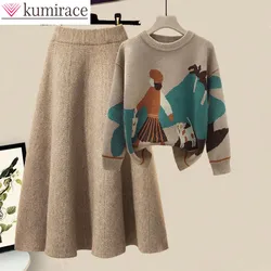 2024 Winter Nieuwe Cartoon Print Gebreide Trui Pullover Slim Fit Gebreide Rok Tweedelige Elegante Dames Feestjurk