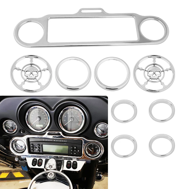 Motorcycle Chrome Dash Trim Set Skull Speaker Bezel Cover for Harley Touring Electra Road Street Glide Road King 1996-2013