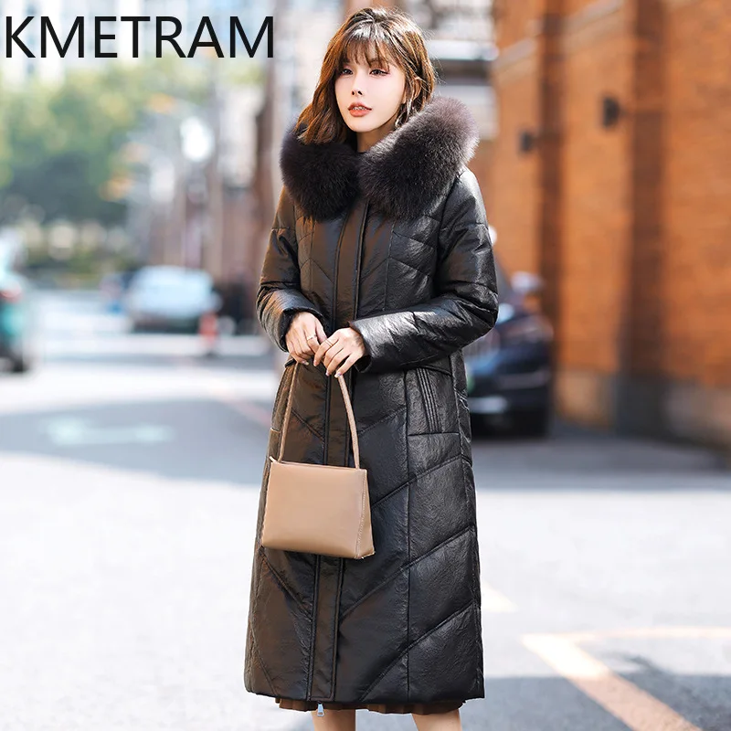 100 % Schaffell Daunenmäntel Damen Schwarz Echtes Leder Lange Pufferjacke Fuchspelzkragen 2025 Winterkleidung Frau вхок