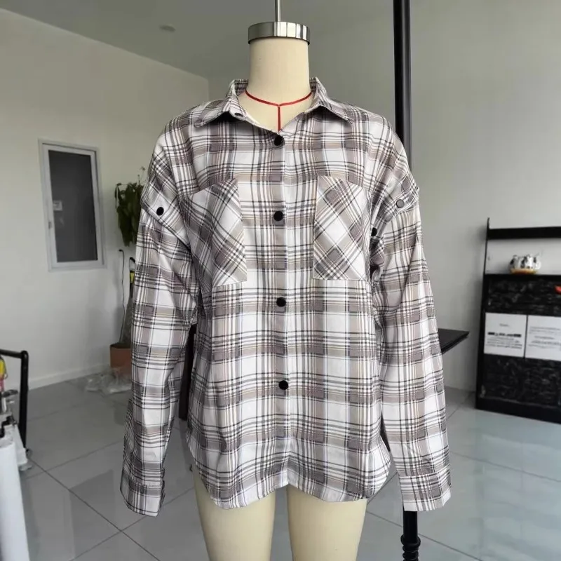 Kemeja Jaket Blus Musim Semi Wanita Kotak-kotak Lengan Pendek Saku Retro Mewah Chic Trendi Minimalis Modis Nyaman