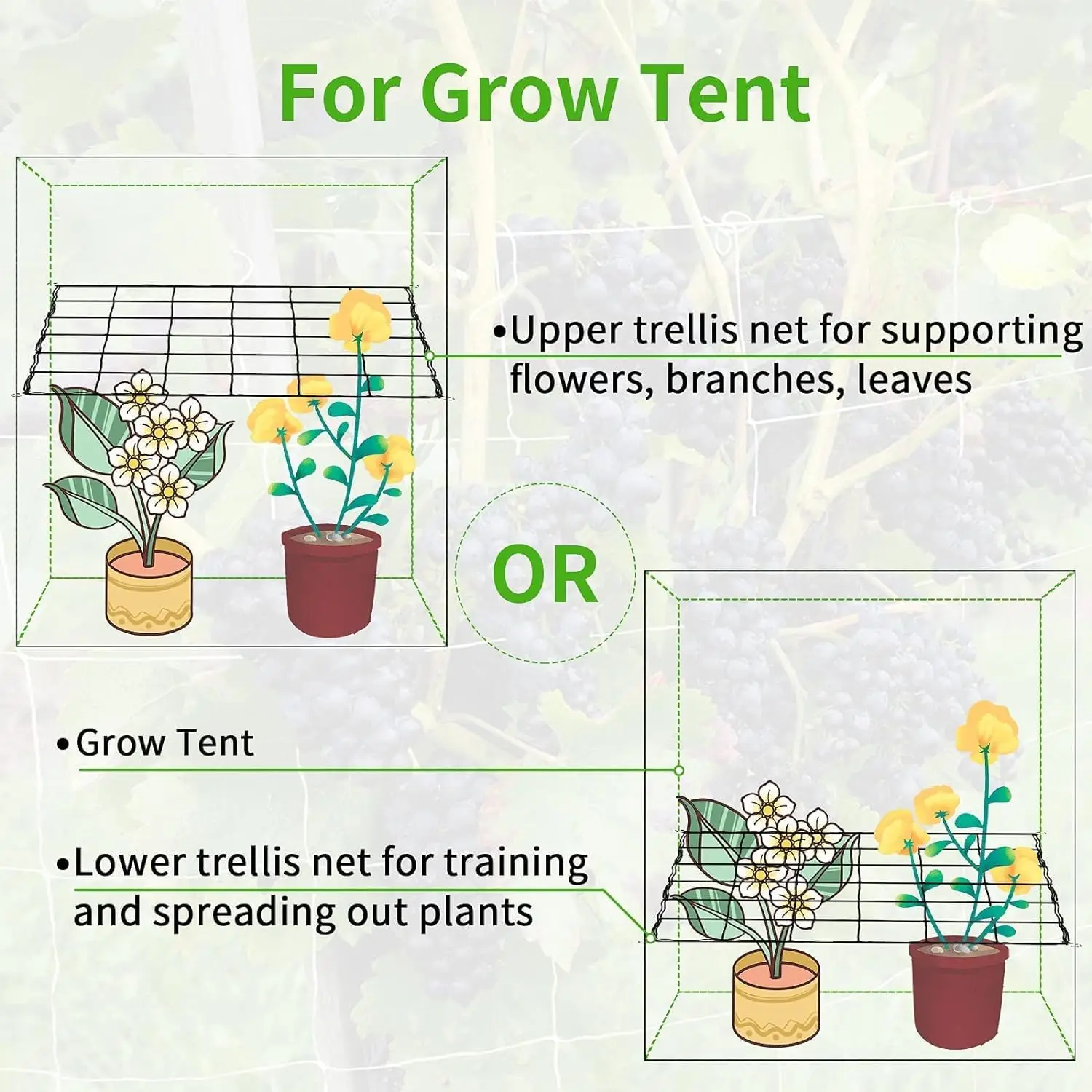 Rede treliça de malha de 4 '', para barracas de cultivo, suporte de plantas, rede elástica/lst/hsst com ganchos, kit de caixa de cultivo, treinamento de baixo estresse