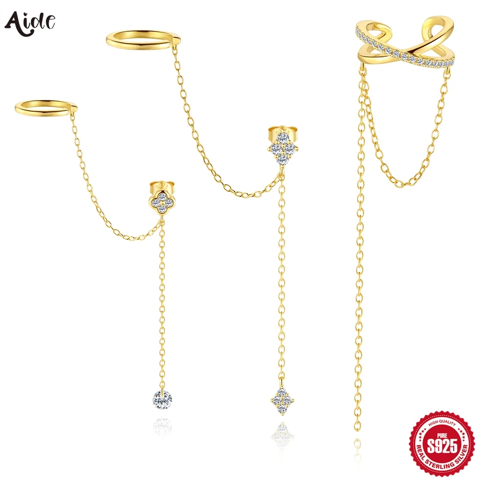 

Серьги-каффы Aide S925 из стерлингового серебра с цепочкой, позолоченные 18-каратным золотом, с цирконами, висячие клипсы для женщин, многослойные серьги-каффы, изысканные ювелирные изделия