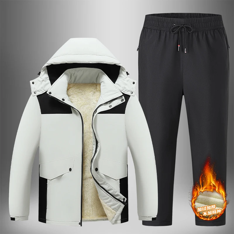 

Winter Thicken Warm Casual Men Set Outdoor Quality Windproof Jacket+Pants Solid Color All-match Outerwear Fashion Comfortable